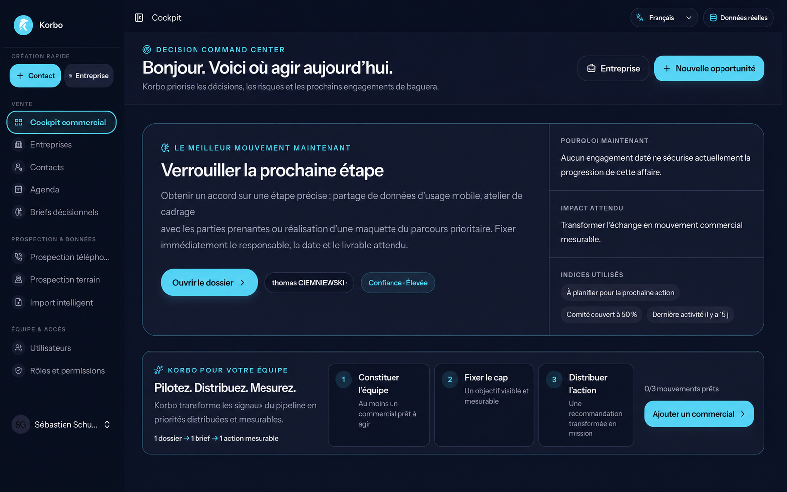 Cockpit commercial Korbo présentant la prochaine meilleure action, ses impacts et les indices décisionnels utilisés